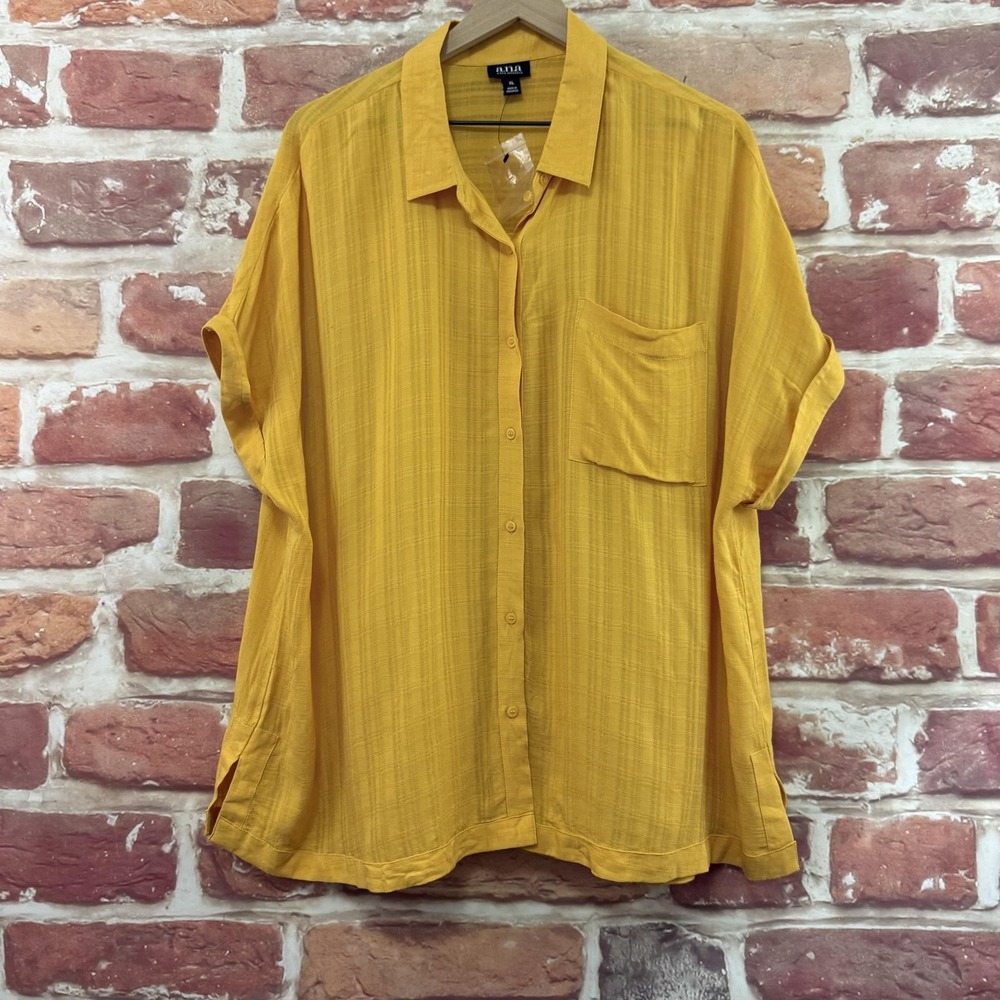 Ana Top Women's XL Yellow Striped Gauzy Pocketed Casual Button Front Shirt